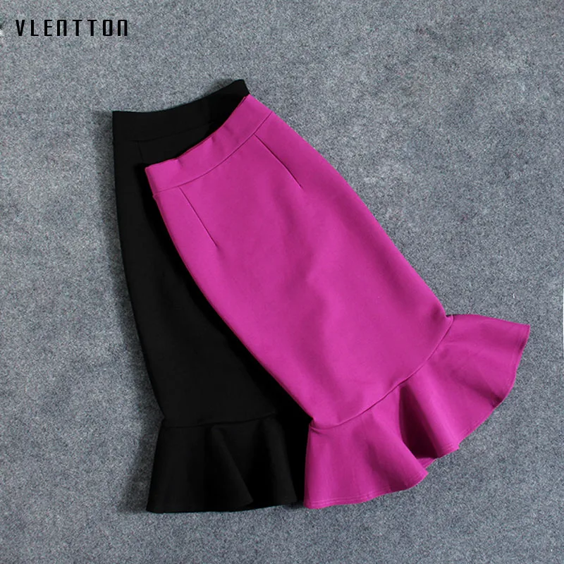 

Women Office Skirt Wear Bodycon Midi Skirt Mermaid Slim Pencil Tight High Waist Wrap Hips Skirts Ruffles faldas feminina saia