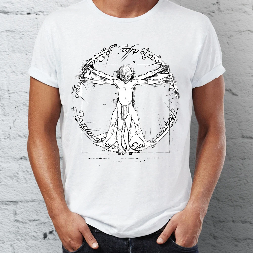 

Men's T Shirt Da Vinci's Vitruvian Man with Gollum Lord of The Ring Parody Classic Tee