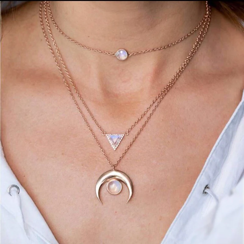 

OLOEY Fashion Women Necklace 2019 Alloy Opal Pendants Chain Female Multi-Layer Geometric Women's Necklaces Jewelry Charms Ladies