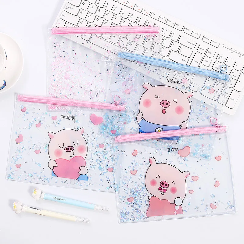 

Coloffice Transparent File Bag A4 With Oil Flow Sand Cute Zipper Simple Cartoon Waterproof Pvc Stationery Bag Student Stationery