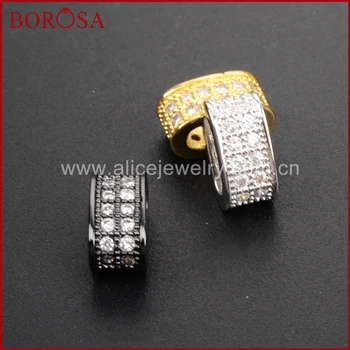 

BOROSA 20pcs CZ Micro Pave Large Hole Oval Tube Beads, Metal Copper CZ Pave White Zircons Beads for Jewelry Making WX417