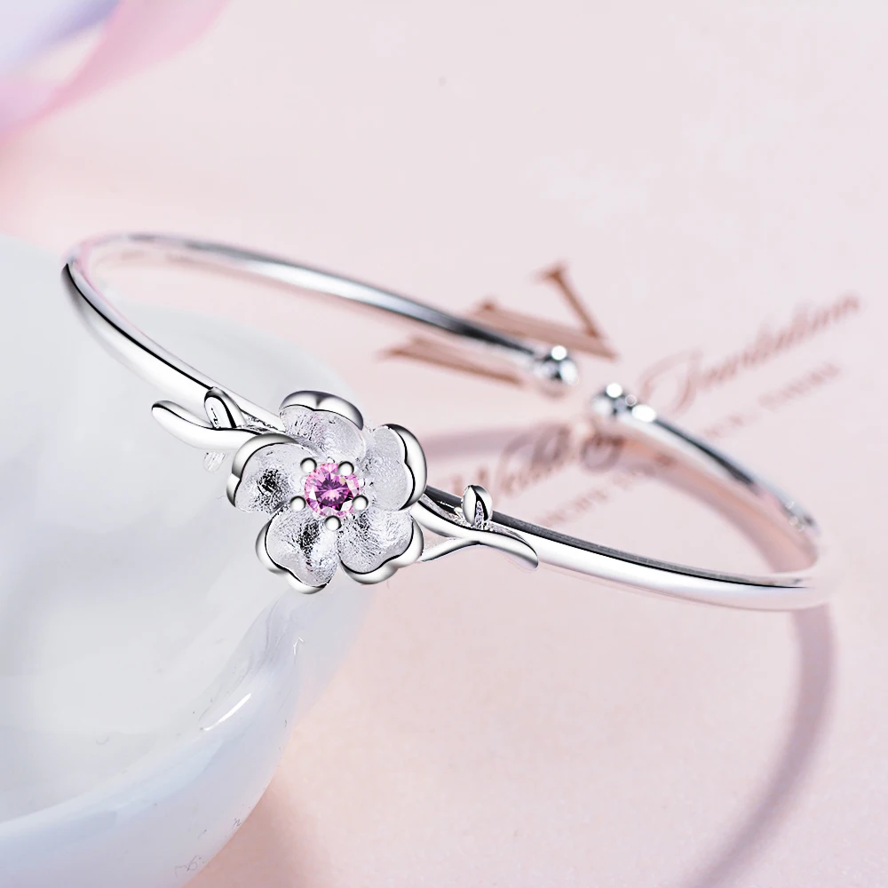 Qevila New Fashion Bangles Adjustable Open Cuff Bracelets Bangles  AAA Zircon Crystal Flower Silver Bangles for Women Jewelry (5)