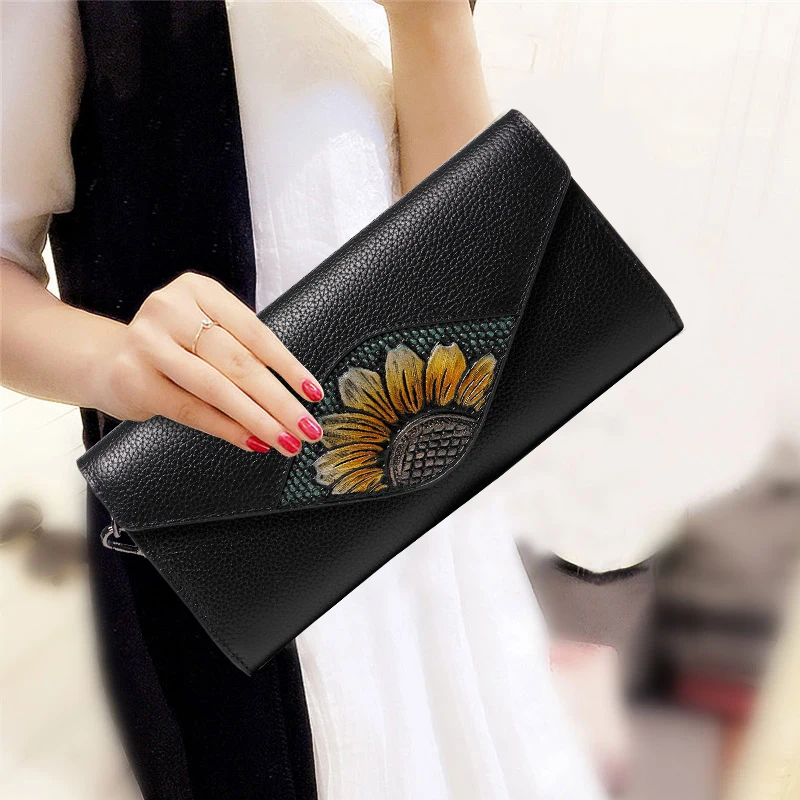 

Luxury Hand Bag Sunflower Purse Long Wallet Genuine Leather Women Evening Clutches Envelope Shoulder Hand Clutch Crossbody Bag