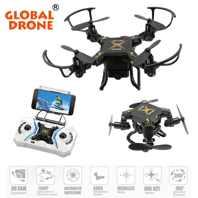 

Global Drone Micro Quadcopter RTF with HD Camera 2.4G 4CH 6-Axis Gyro RC Helicopter Wifi FPV Mini Foldable Drone VS E59 S9
