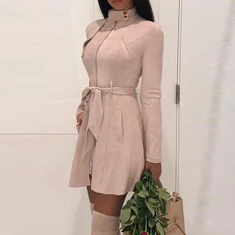 

2019 New Clothes coats and jackets women Fashion Solid Turtleneck Zipper Bow Bandage Windbreaker Long Coat jacket feminina