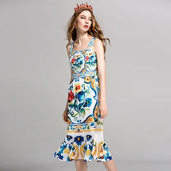 

New European and American summer sleeveless round collar sling dress