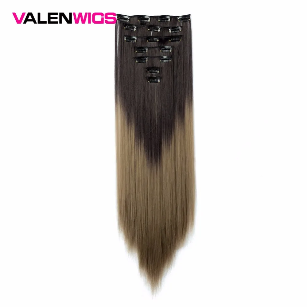 Valenwigs 2" 7 шт Омбре цвет полная голова прямой зажим в синтетических волос для наращивания термостойкие черные коричневые волосы для женщин