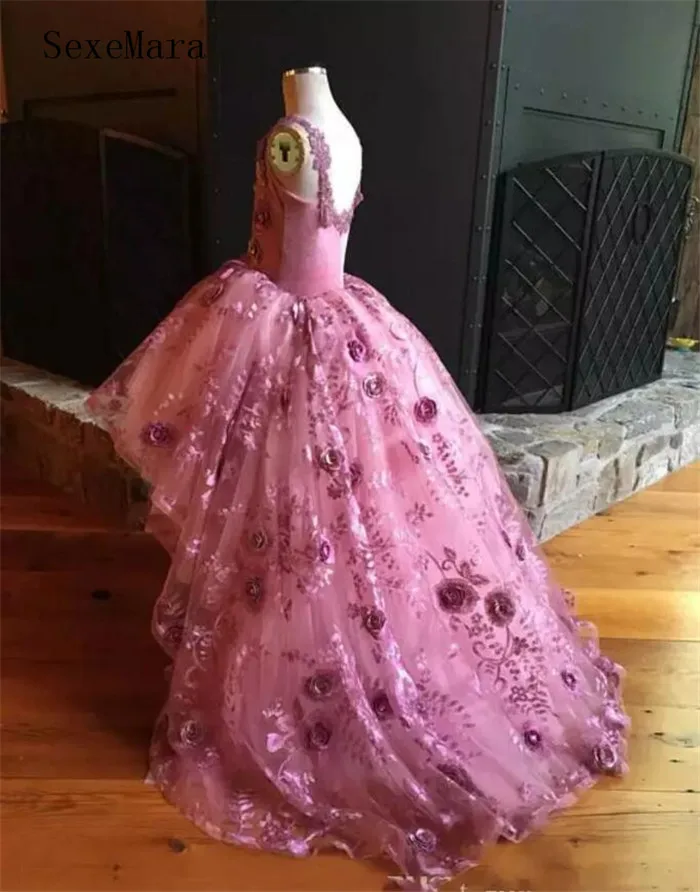 Розовое платье с объемными цветочными аппликациями для девочек г., настоящие фотографии праздничное платье для девочки Hi Lo платья для девочек на день рождения Размер От 2 до 16 лет