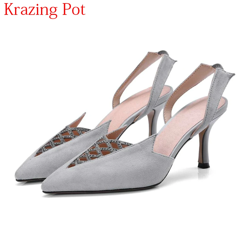 

2018 Fashion Sheep Suede Office Lady Slip on High Heels Sexy Pointed Toe Summer Shoes Women Sandals Shallow Wedding Shoes L06