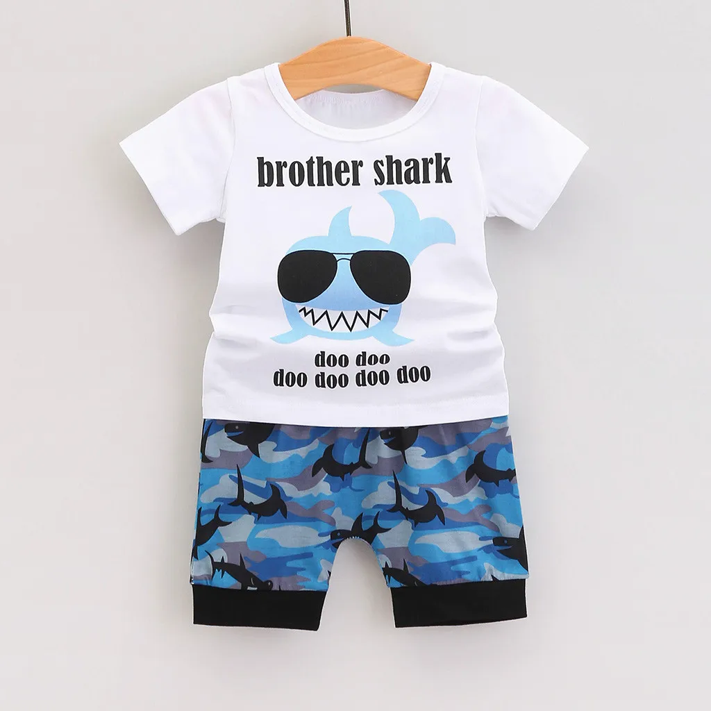 

Toddler Boy Kids Cartoon Shark Letter T shirt Tops+Shorts Pants Outfits Set