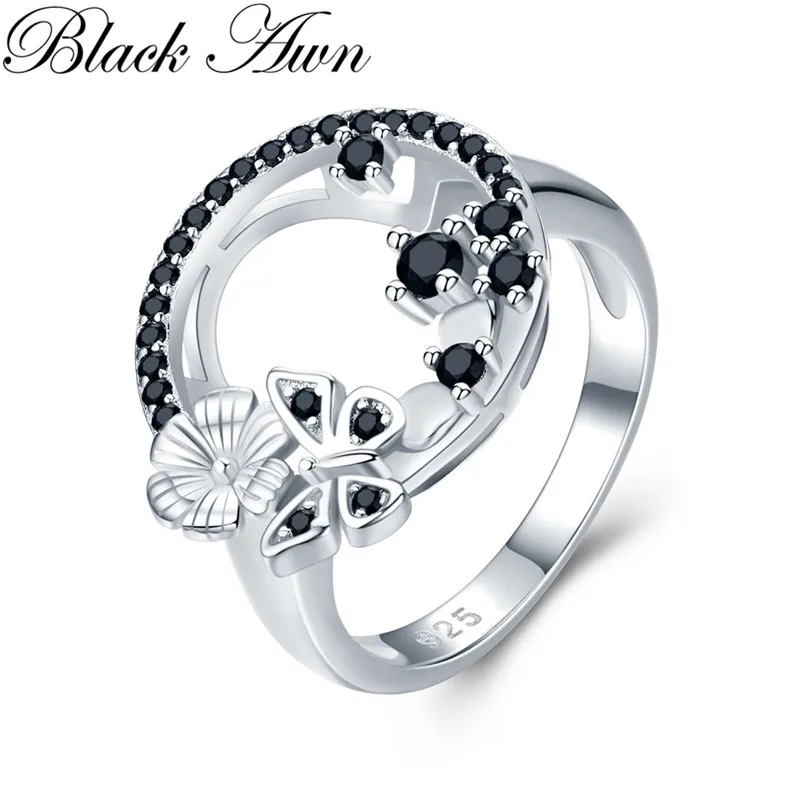 

Cute 3.8g 925 Sterling Silver Fine Jewelry Baguet Row Engagement Black Spinel Butterfl Engagement Rings for Women G027