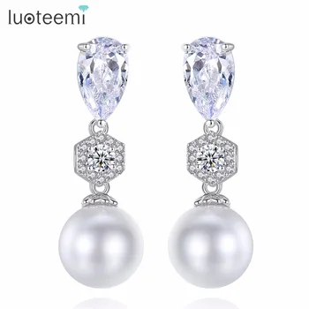 

LUOTEEMI Round Imitation Pearl Long Line Three Level Drop Earrings For Women Girl AAA Cubic Zircon Bridal Wedding Party Jewelry