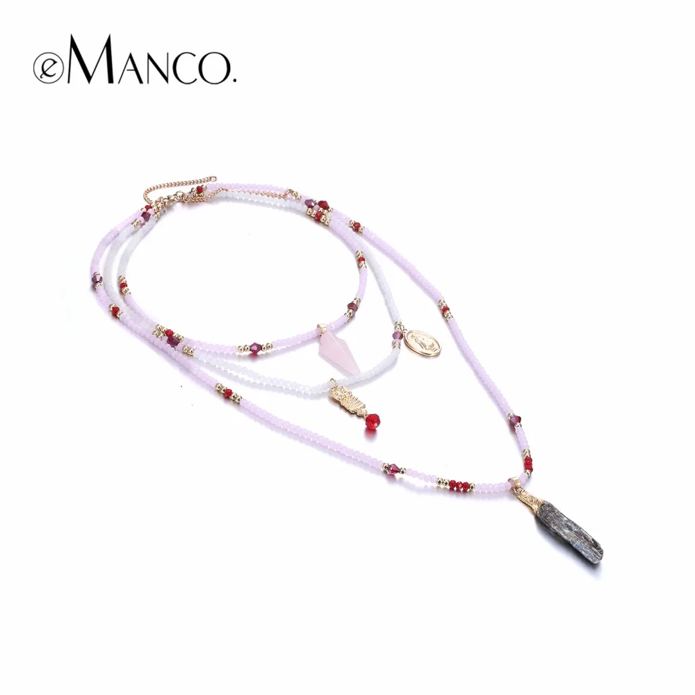 

eManco women's Bohemia Pendants Chokers Necklace Pink Crystal Beads Multi Layer Necklace with Semi-precious stones Jewelry