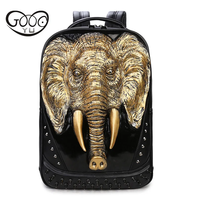 

Relief shape Tide cool style Embossed 3d elephant male laptop leather backpacks willow tricycle Sharp rivets shoulder bags