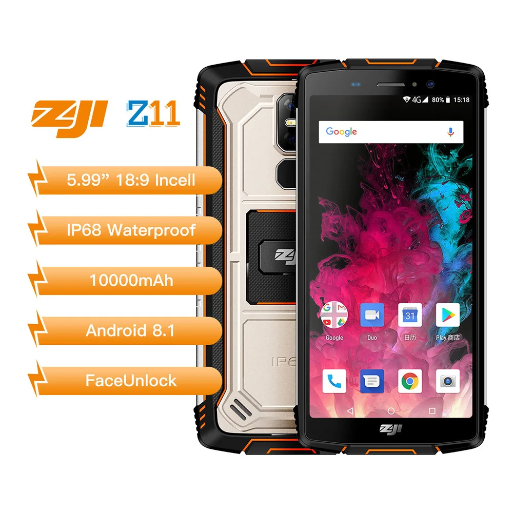 

ZOJI Z11 IP68 Waterproof Smartphone 5.99" 18:9 Full Display Mobile Phone 10000mAh Qcta Core 4GB 64GB 16MP Face ID rugged phone