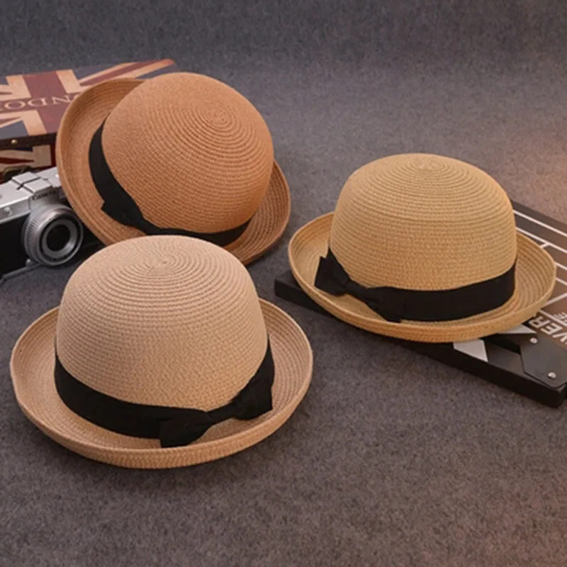 

New Fashion Parent-child sun hat Cute children sun hats bow hand made women straw cap beach big brim hat casual glris summer cap
