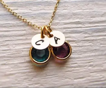 

Personalized Jewelry Gifts Hand Stamped Charm Necklaces mother's day bridesmaid birthday ound Initial Pendant with Birthstone