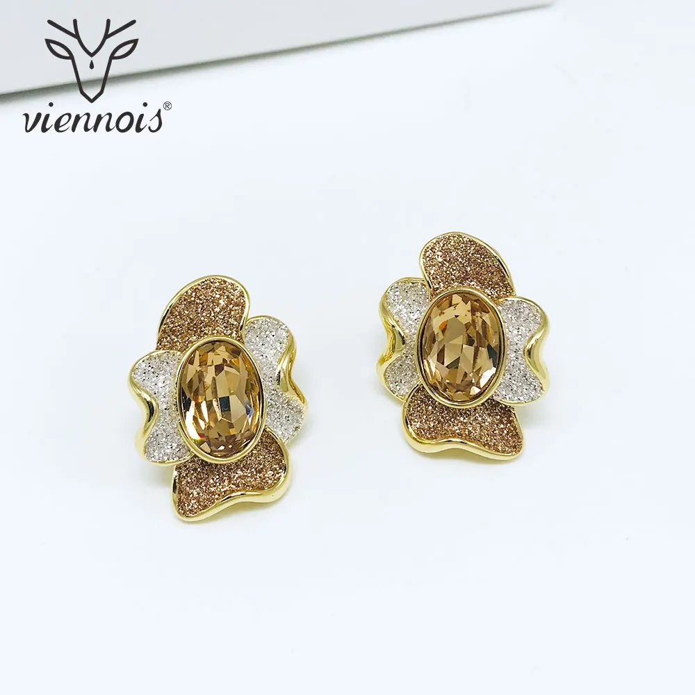 Viennois Stud Earrings Gold/Silver Flower Plant Color Rhinestone Crystal Matte Earring with for Women Earrings