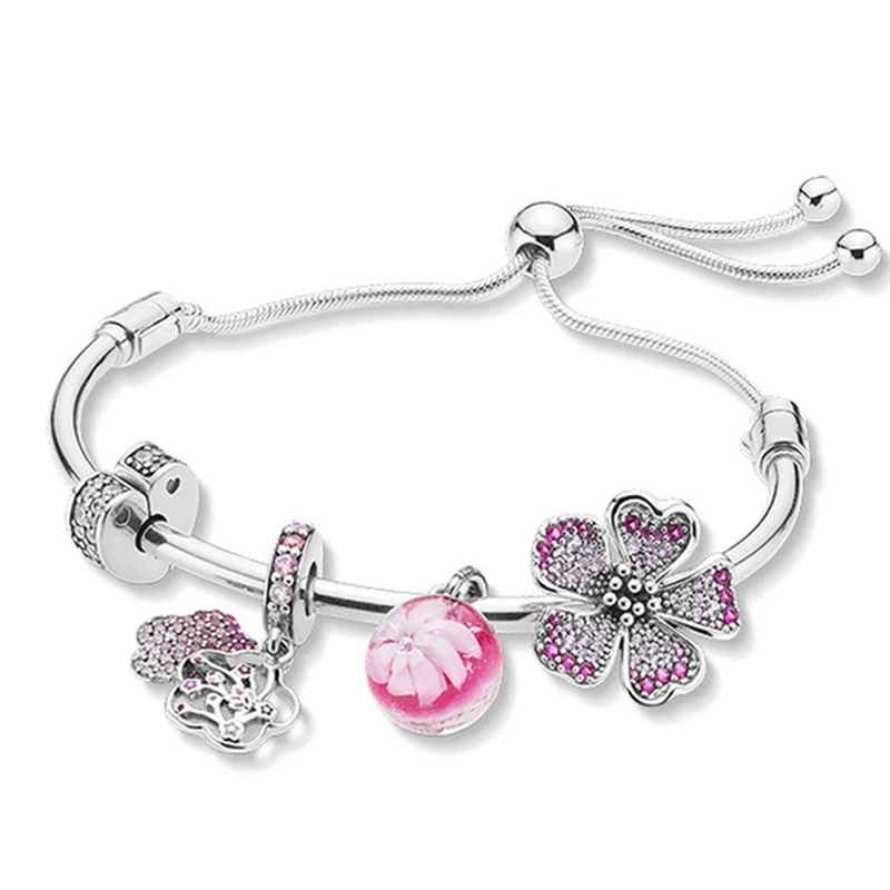 

2019 NEW 100% 925 Sterling Silver Spring Lovers Pink Flowers Fit DIY European Style Bracelets Set Originals Fashion Jewelry