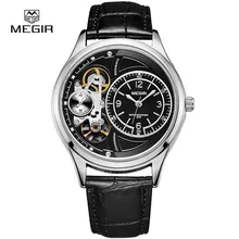 Men Watches Leather Belt MEGIR Automatic Self Wind Mechanical Wristwatch Water Resistant Double Dial Military Watch