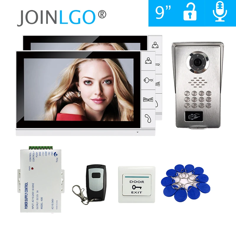 

9" Recording Video Intercom Door bell Phone 2 Monitors Kit RFID Code Keypad Unlock Outdoor Camera
