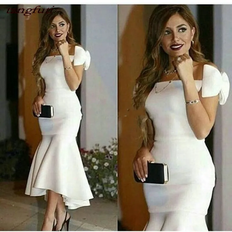 

Mermaid Mother of Bride Dress 2019 Tea Length Bow Pleat Woman Party Formal Evening Wedding Party Gown Wear On Sale
