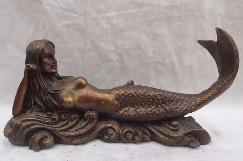 

zhaorui611++9" Chinese Bronze Sleep Half Naked Belle Mermaid Sea-maid Fish Statue Sculpture