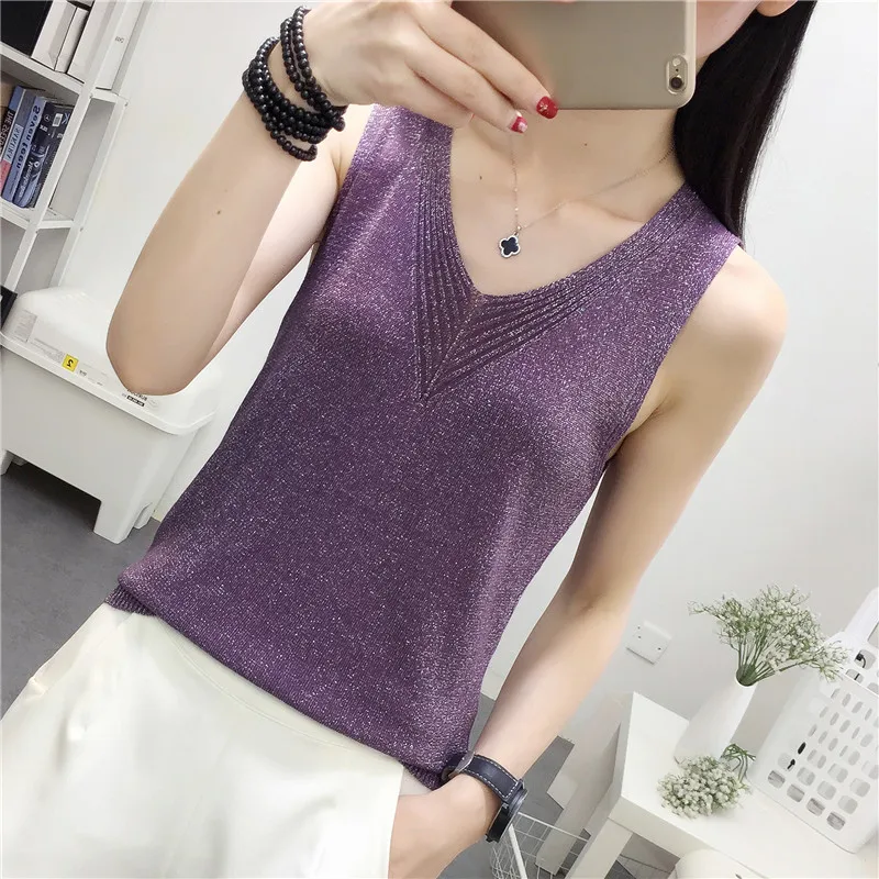 

New Women Sleeveless Knitted Vest Sexy V Neck Tank Tops Female Elasticity Solid Bottoming Camisoles