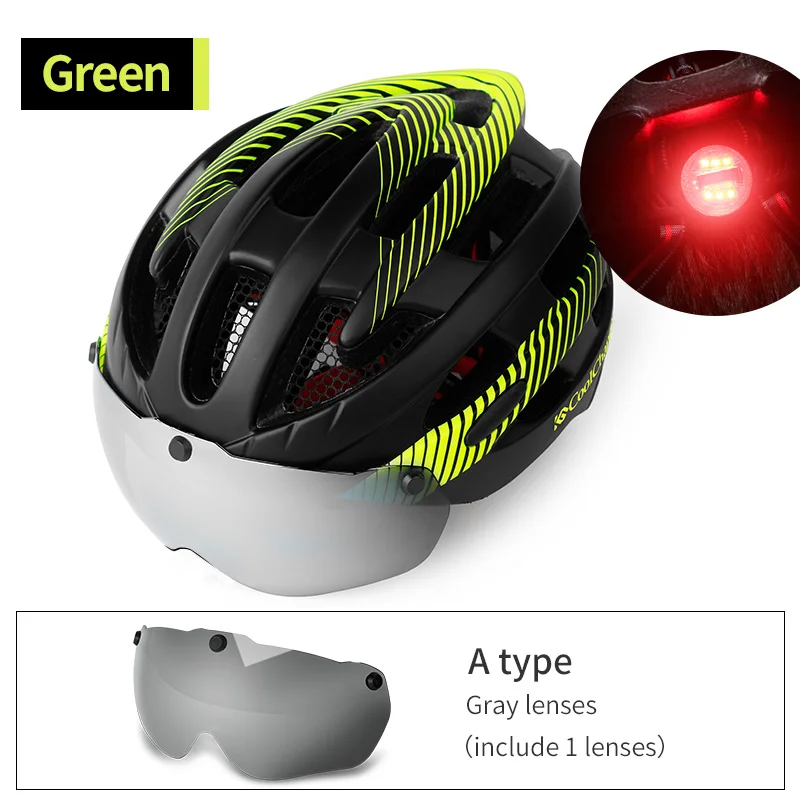 Green 1 Lenses Coolchanger интегрированный литой мужской и женский велосипедный шлем с задней защитой Предупреждение предупреждающий свет, ветрозащитные очки, велосипедный шлем MTB - Цвет: Green 1 Lenses