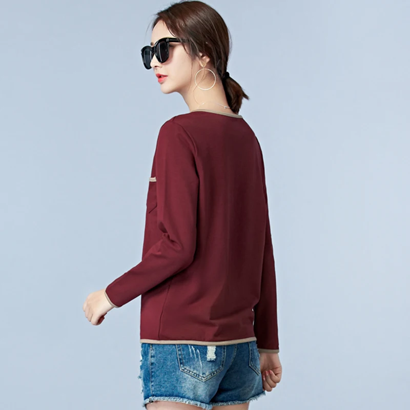 AOSSVIAO Tops de manga larga de las mujeres camisas bolsillos 2019 Otoño e Invierno Camiseta de algodón o-Cuello Casual Camiseta femenina Plus tamaño AOSSVIAO Tops de manga larga de las mujeres camisas bolsillos 2019 Otoño e Invierno Camiseta de algodón o-Cuello Casual Camiseta femenina Plus tamaño