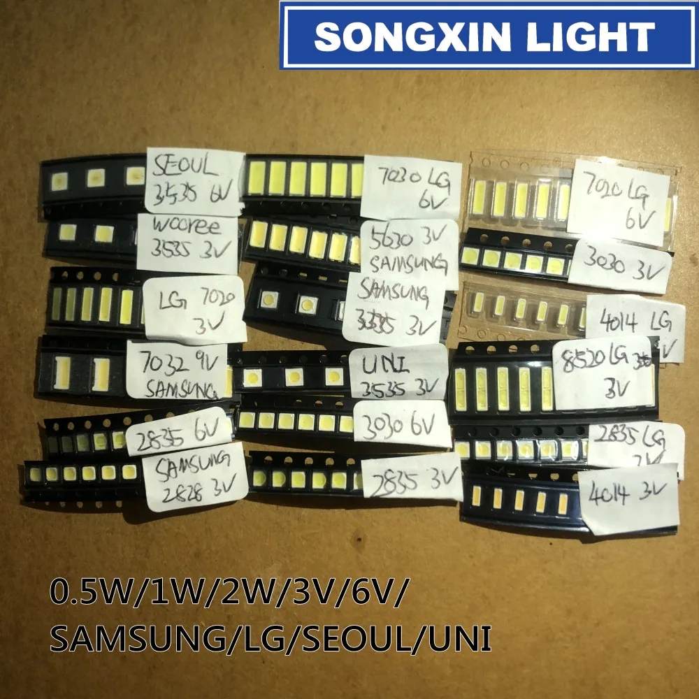 

1000pcs/lot 1W-2W SMD LED Kit 3V/6V 2835/3030/2828/3535/5630/7020/7030/4020/4014/7032 Cold white For TV Backlight Beads 10*100LG