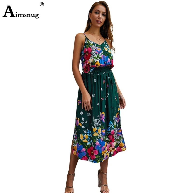 

Womens Summer Flower Boho Spaghetti Strap Semi-Backless A-Line Midi Dress Ladies Party Elegant Dresses Vestidos