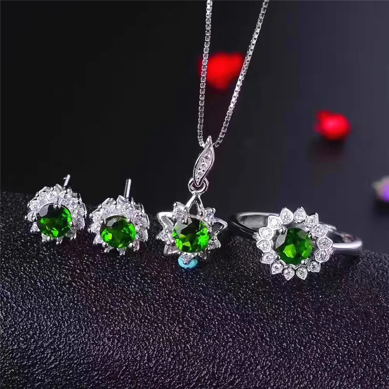 Natural green Diopside jewelry set 925 Sterling Silver Jewelry Set Gemstone Jewelry Woman Fashion Set Wedding/Party Gift