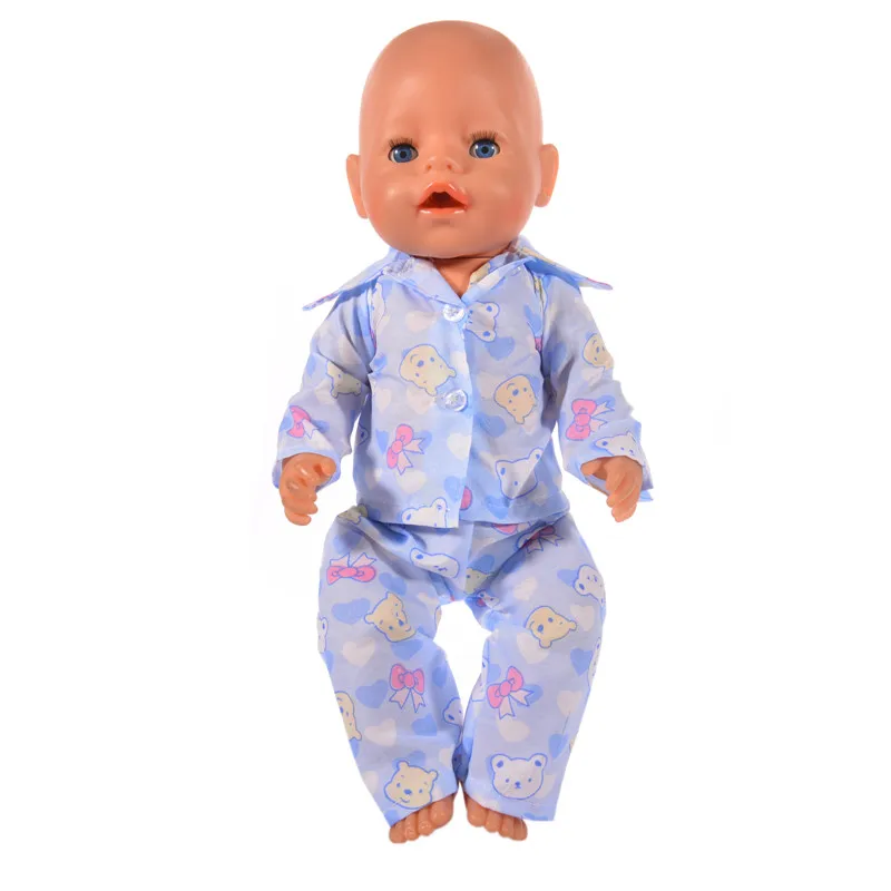 Cute Blue Bear Pattern Pajamas Fits 43cm Newborn Baby Zap Doll &18 Inch American  Doll Dress n666