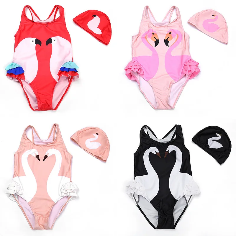 

2019 New Arrival Girls Flamingo Swan Print Cartoon Swimwear Patchwork One Piece Suits With Cap Swimsuit Beach Wear S8D901X