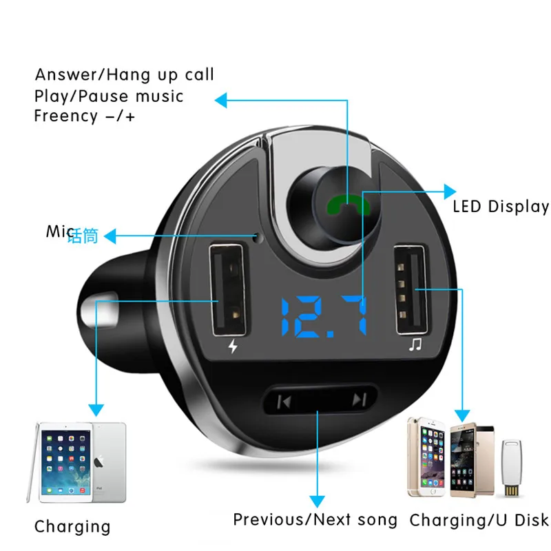 JINSERTA Car MP3 Audio Player Bluetooth FM Transmitter Wireless Modulator Car Kit HandsFree w/TF Slot 2 USB Port