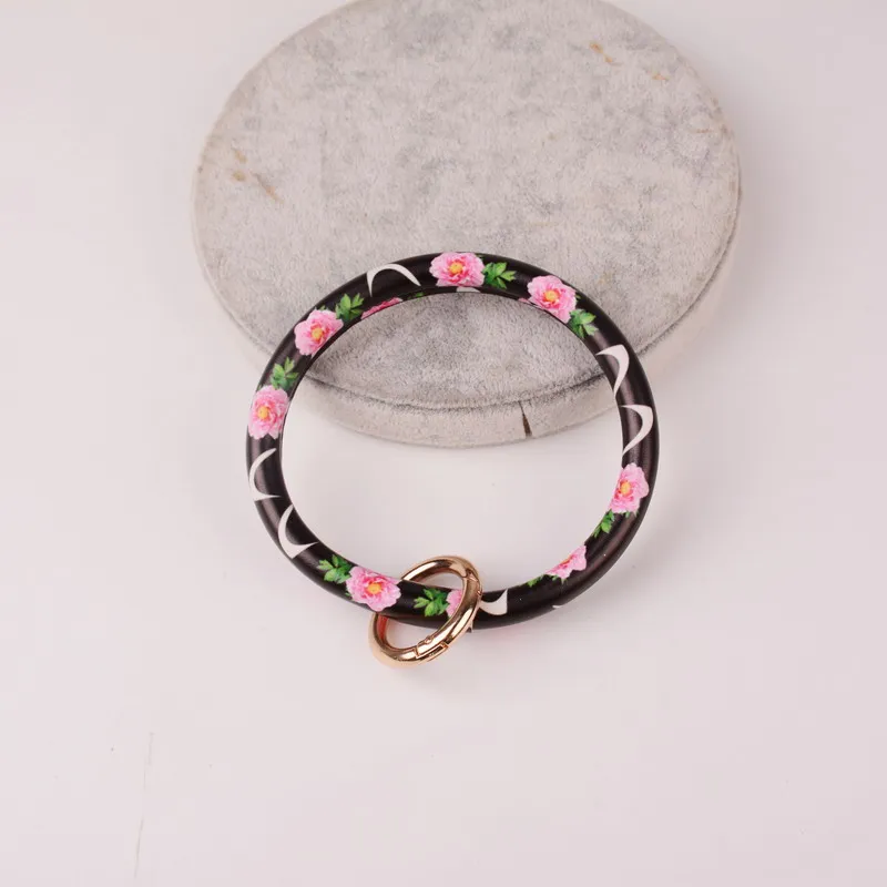 Модное ретро большое круглое кожаное наручное украшение кольцо для ключей преувеличенный Многоцветный Сплав леопардовые Цветы брелок для ключей в стиле унисекс ювелирные изделия Bijoux - Цвет: pink flower