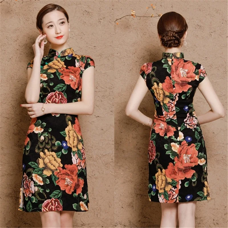 Women Linen Cotton Shanghai Plus Size Cheongsam Qipao Dresses XXXL 4XL 5XL Summer Short Chinese Traditional Printing Elegant  (13)