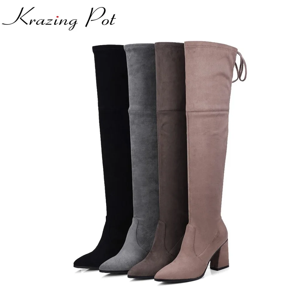 Krazing Pot sheep suede stretch long legs thigh high boots square high heels lace up bowtie hollywood over-the-knee boots L19 цена Krazing Pot sheep suede stretch long legs thigh high boots square high heels lace up bowtie hollywood over-the-knee boots L19 цены онлайн