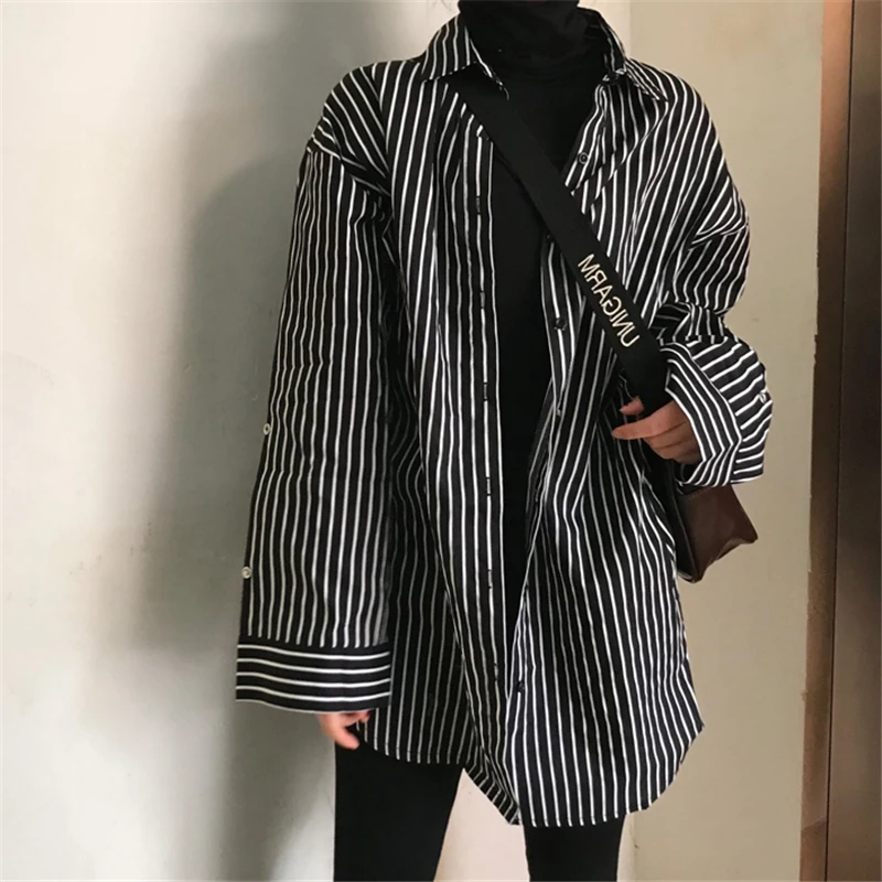 Женские свободные рубашки в полоску Harajuku винтажные блузки с длинным рукавом
