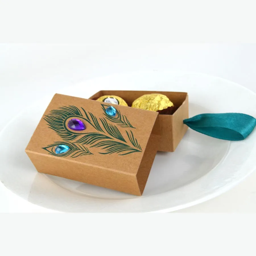 

150pcs Peacock Feather Candy Boxes Drawer Design Wedding Favors Chocolate Kraft Paper Gift Boxes