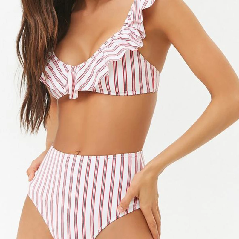 

striped bikini ruffle swimsuit bikini push up swimwear plus size high waisted bathing suits sexy bikini swimwear women 2019