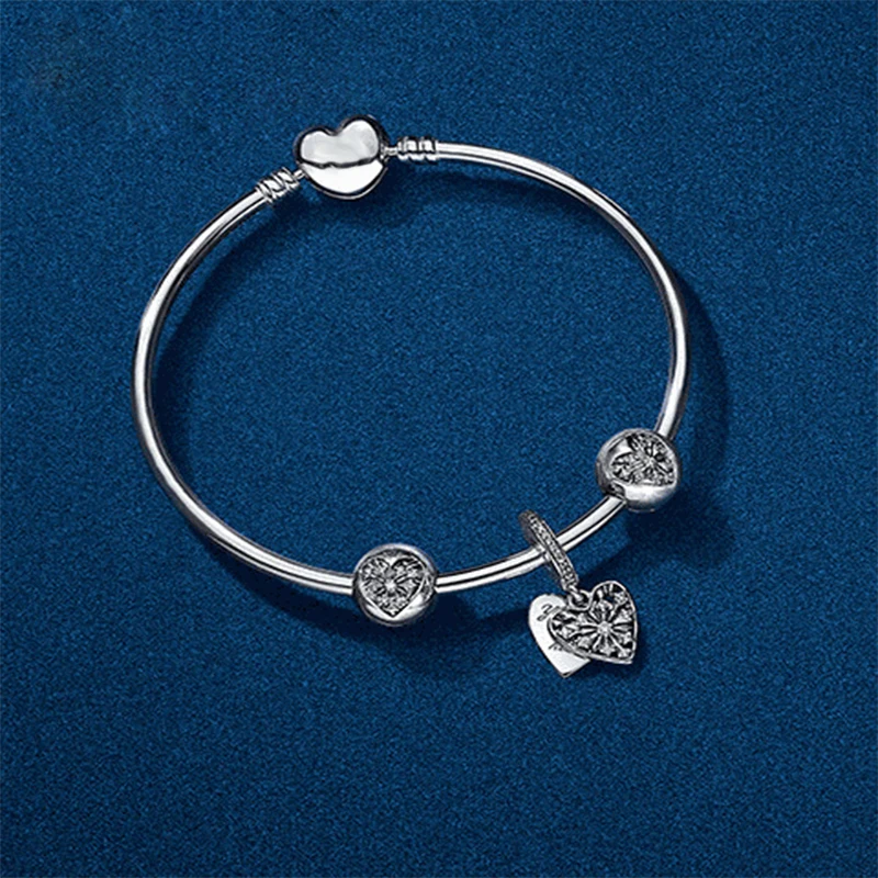 

NEW 100% 925 Sterling Silver New Winter Suit Bracelet Bangle Set Fit DIY Original Charm Bead Women's jewelry Love Gift