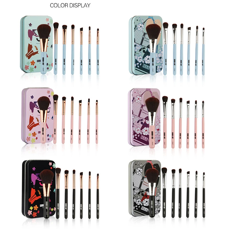 

7pcs Makeup Brushes Set Cute Foundation Powder Eyeshadow Blending Lip Make Up Beauty Brush Travel Kit With Mini Metal Box