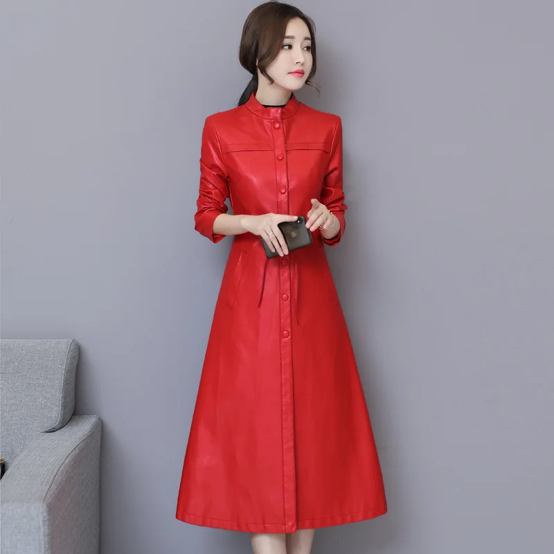 Red cotton padded Куртка из искусственной кожи женская узкий длинный плащ женское осеннее пальто Зимние Куртки из искусственной кожи Верхняя одежда плюс размер 5XL YQ355 - Цвет: Red cotton padded