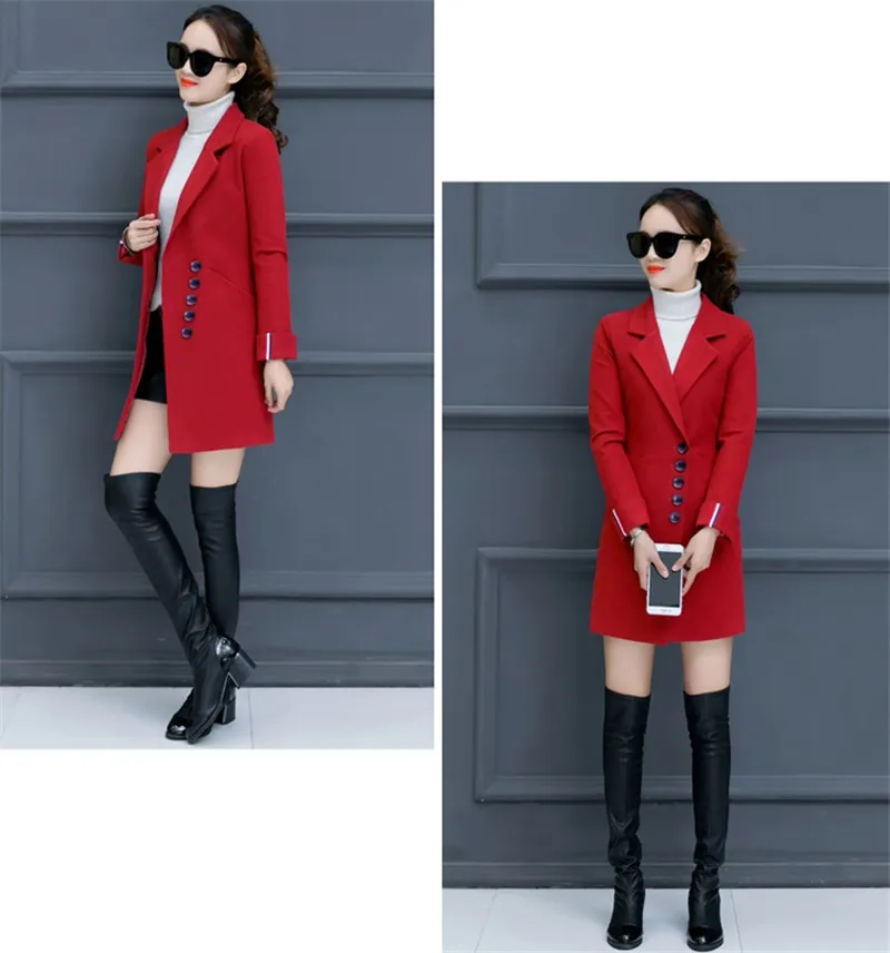 Для женщин в Корейском стиле шерстяное пальто осень-зима тонкие длинные шерстяные пальто Для женщин s элегантная однобортная одежда с длинным рукавом темно-коричневые пальто A152