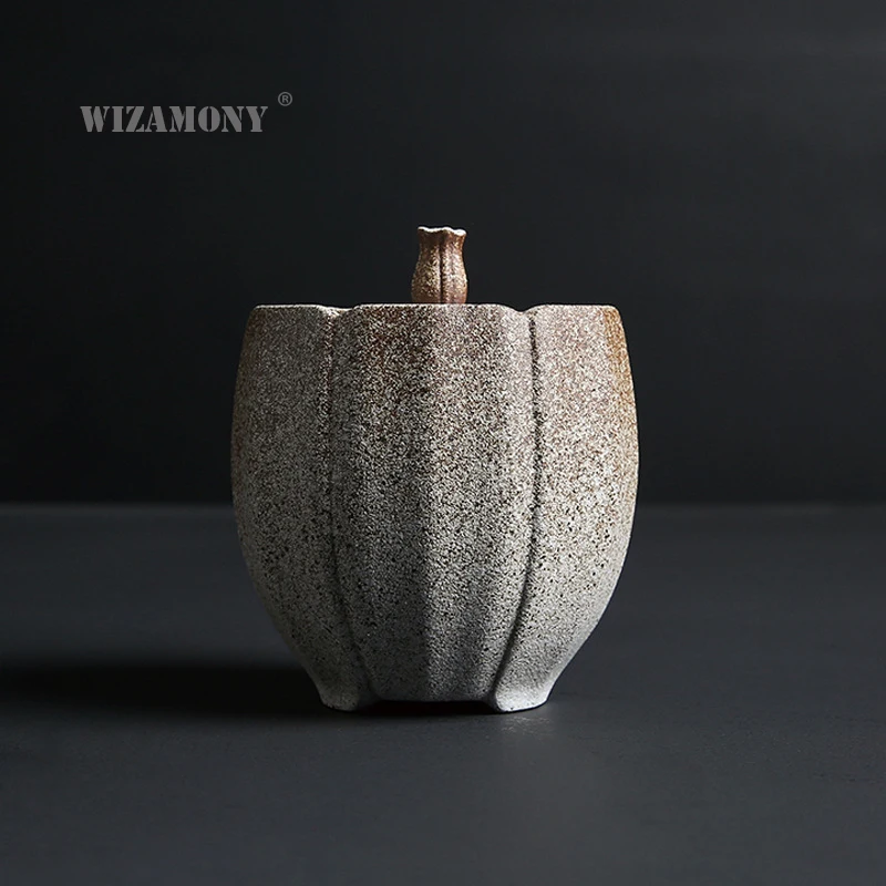 

WIZAMONY Chinese KungFu tea cha caddy canister Black Crude Pottery Porcelain container for puer Oolong tea storage chest