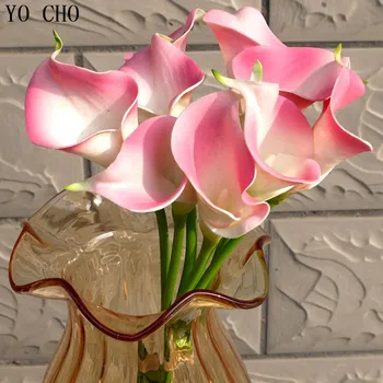 

YO CHO 1set/9pcs Free Shipping Heads Artificial Latex Flower Bouquet Calla Lily Real Touch Home Bridal Decor