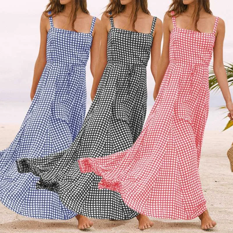 

Celmia Sexy Spaghetti Straps Maxi Long Dress Women's Sundress Casual Ruffles Plaid Dresses Loose Summer Beach Vestidos Plus Size