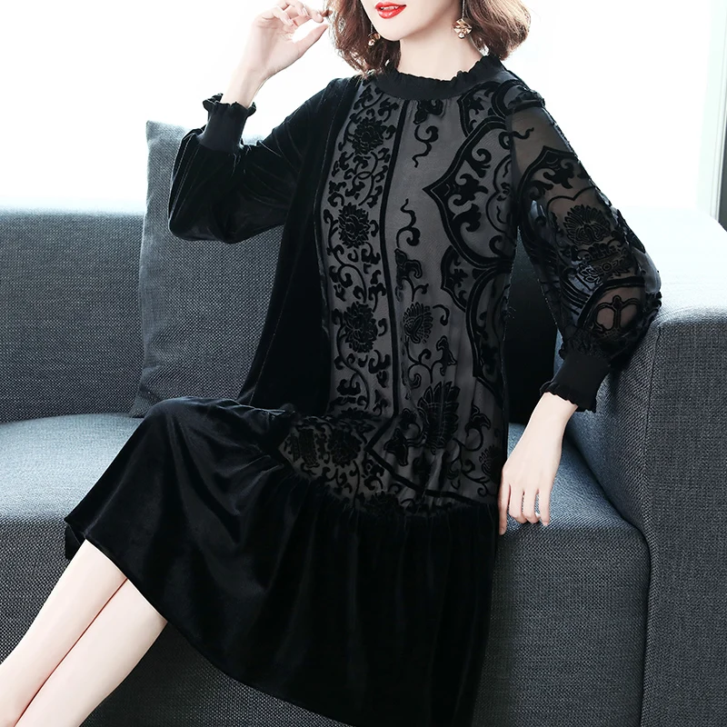 Online Otoño Invierno Casual mujer linterna de manga larga negro elegante vestido de terciopelo, mujer mandarín cuello bordado suelto Velour vestidos